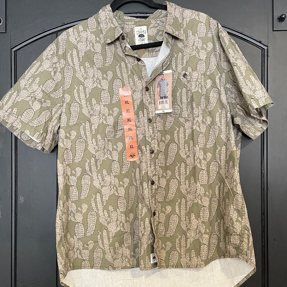 NEW Copper & Oak supply army green Cactus print button up shirt Men's - size XL